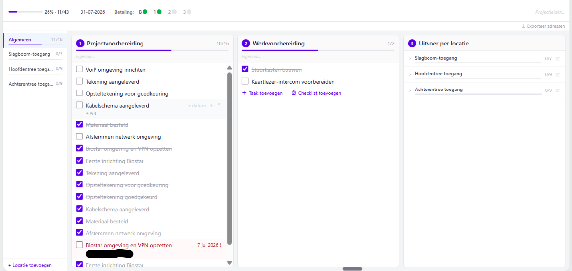 Projectoverzicht van de PASS-projectmanagementtool: fases, taken en locaties binnen SuperOffice